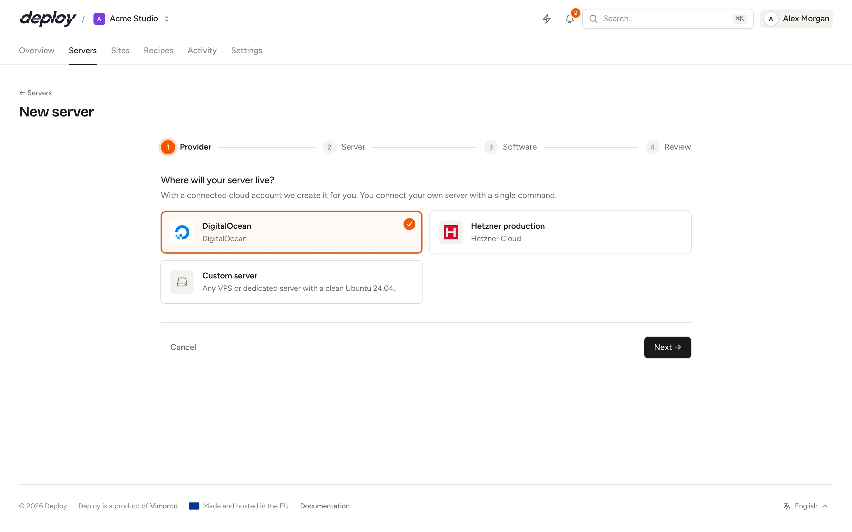 The New server wizard in Vimonto Deploy with a cloud account, a location search and a table of server sizes with their monthly prices