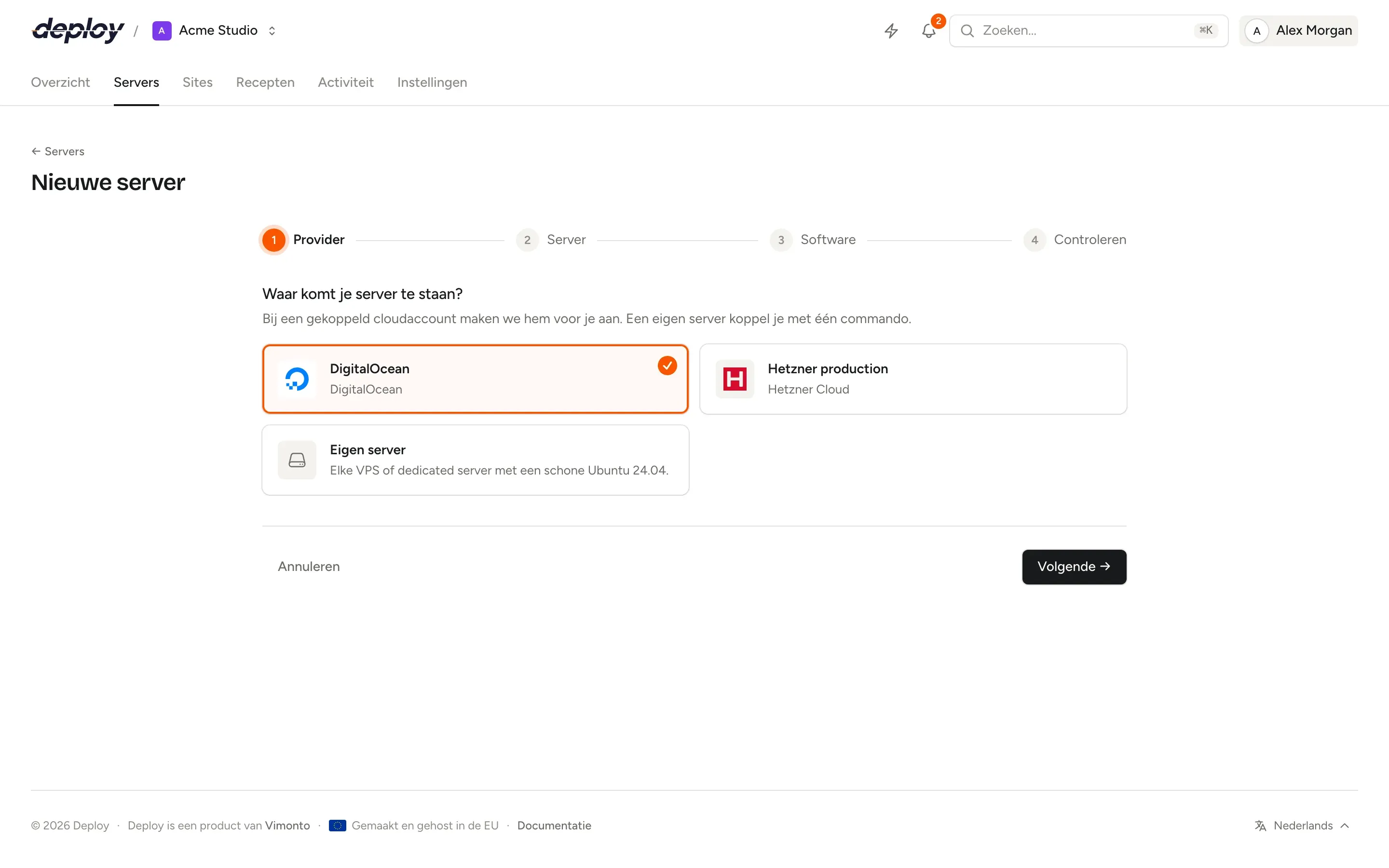 De wizard Nieuwe server in Vimonto Deploy met een cloudprovider, een locatie en een tabel met serverformaten en hun maandprijzen