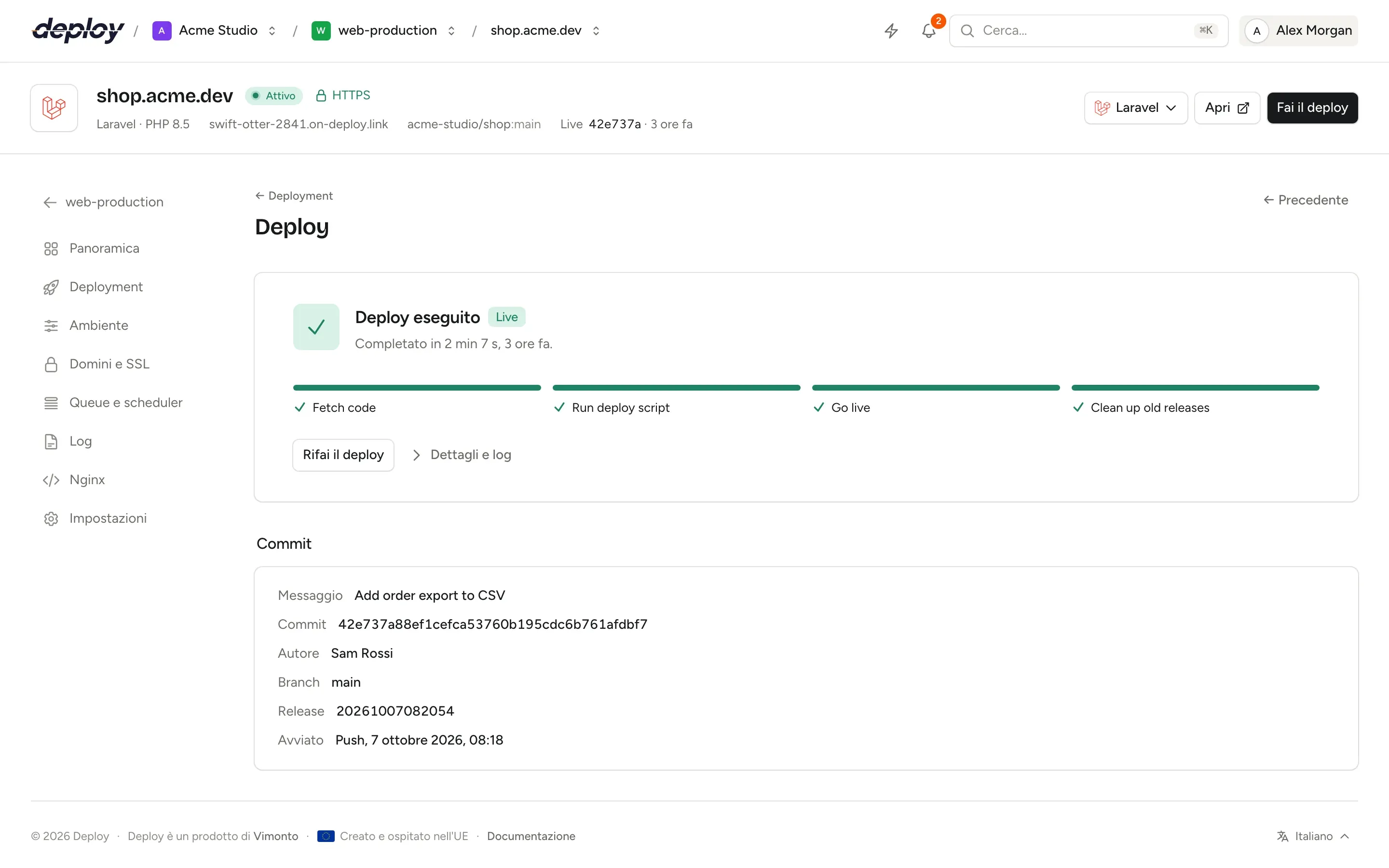 Un deploy completato di un sito PHP in Vimonto Deploy, con le fasi Recupera, Build e Live, i dettagli del commit e il log di ogni passaggio
