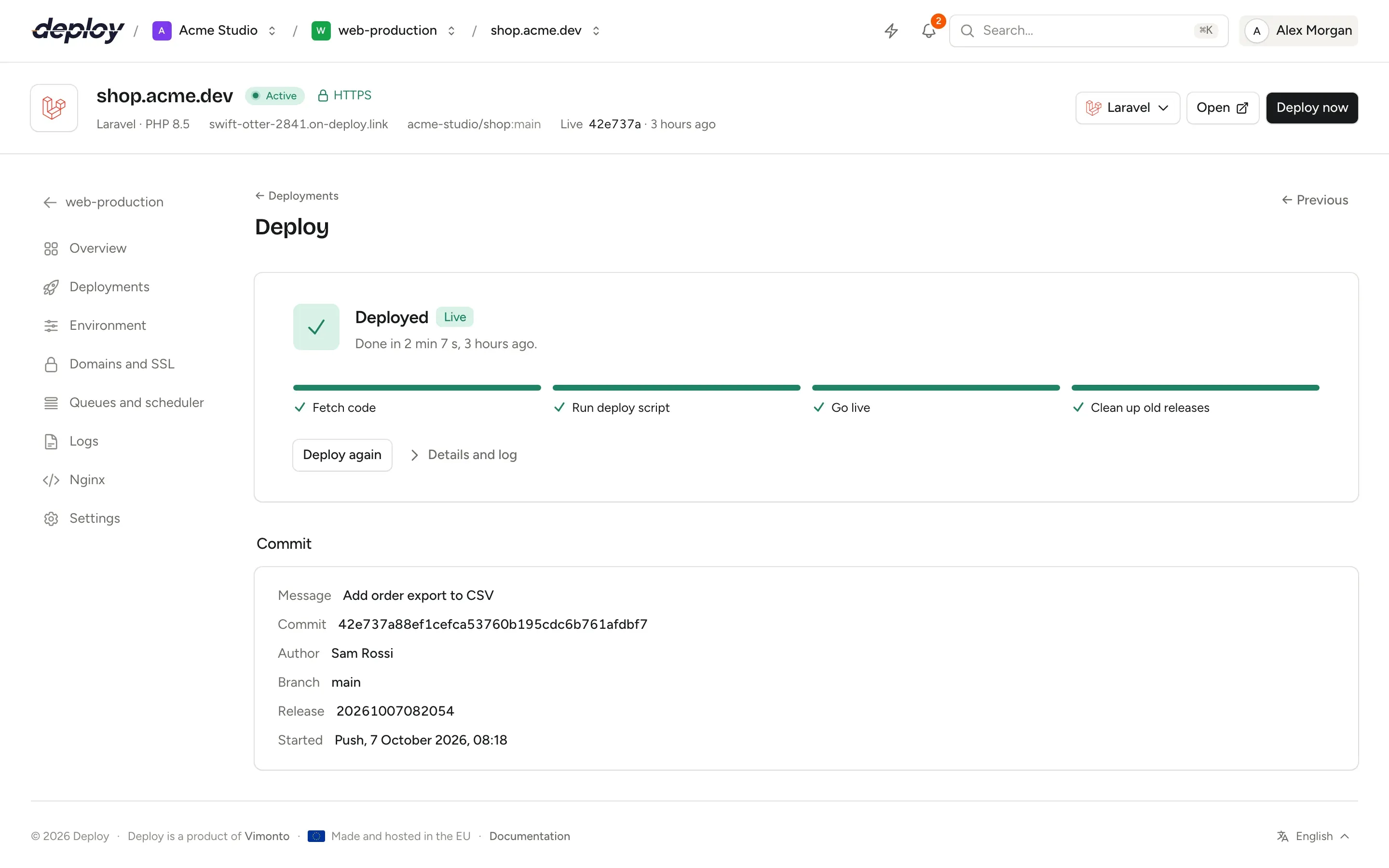 A finished deploy of a PHP site in Vimonto Deploy with its Fetch, Build and Live phases, the commit details and the log of each step