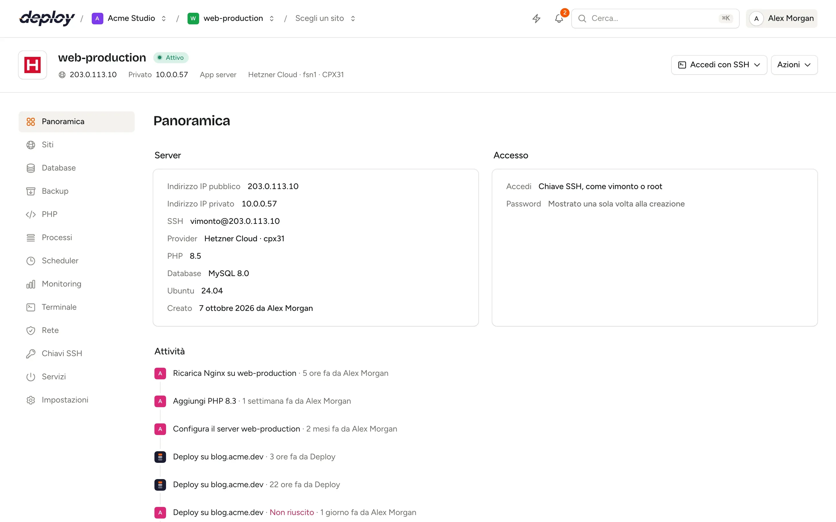 La panoramica di un server in Vimonto Deploy con indirizzi IP, accesso SSH, provider, versioni di PHP e MySQL e una cronologia delle attività recenti