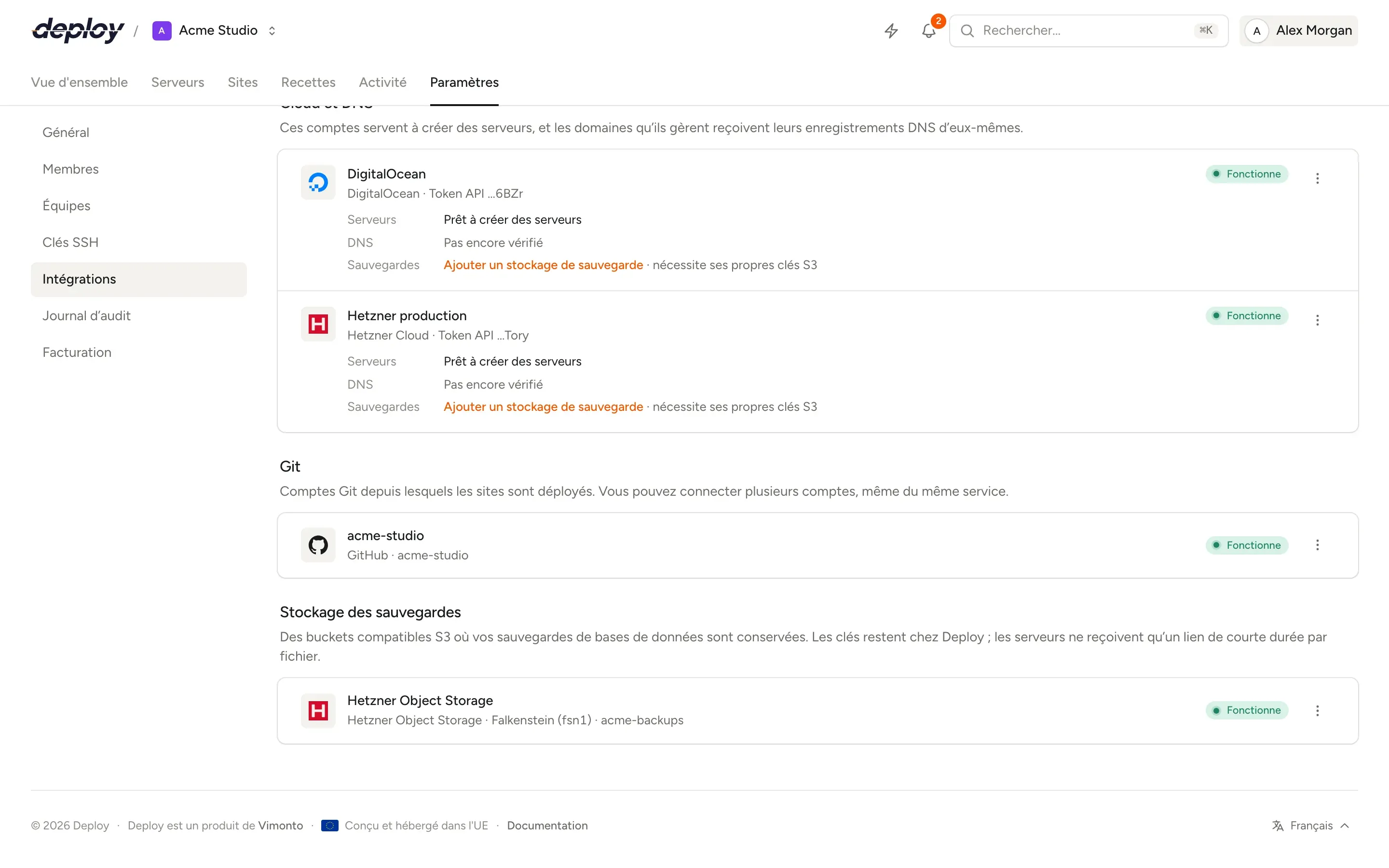 Les paramètres Intégrations de Vimonto Deploy avec des comptes DigitalOcean et Hetzner Cloud prêts à créer des serveurs, une connexion GitHub et Hetzner Object Storage pour les sauvegardes