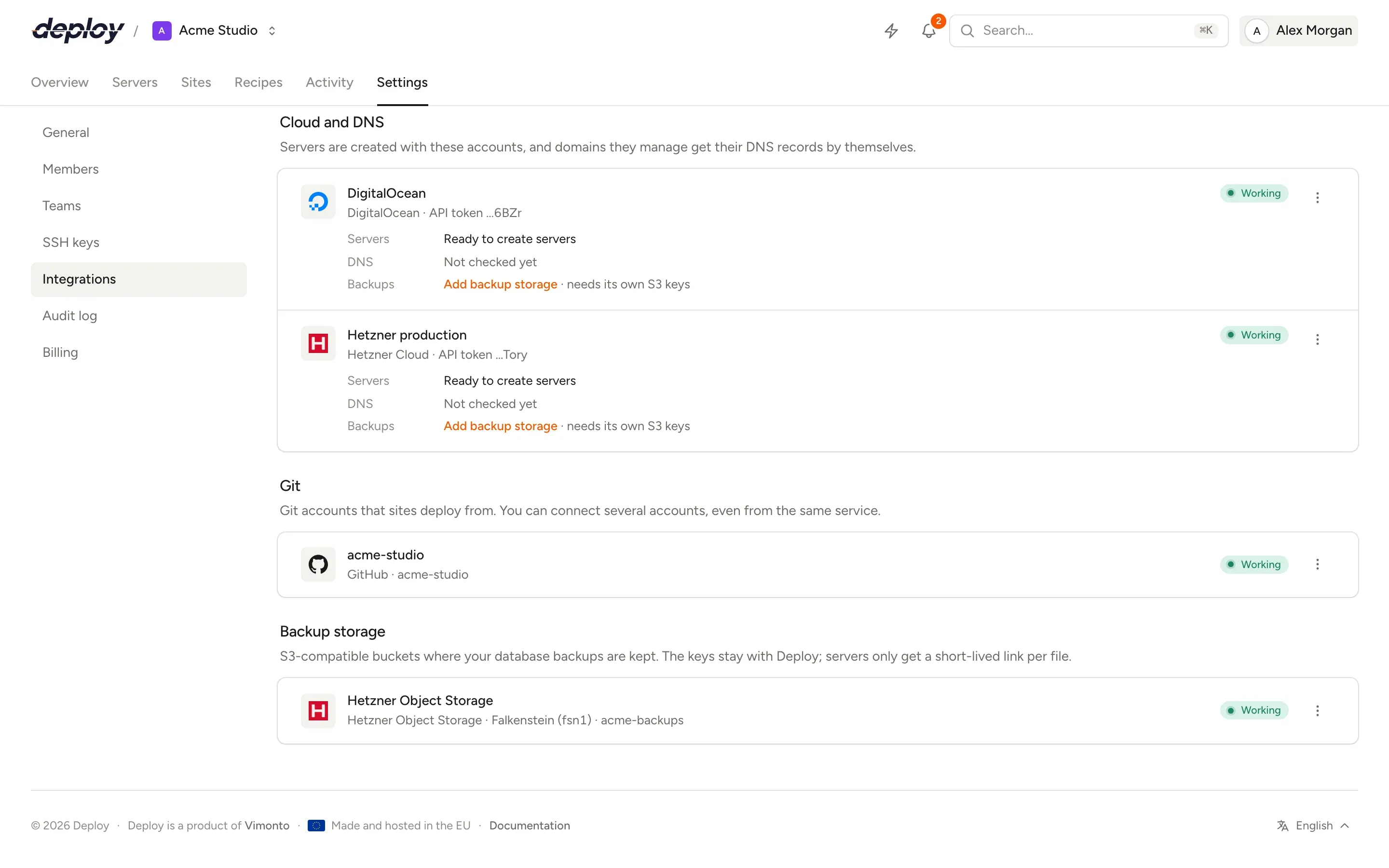The Integrations settings in Vimonto Deploy with DigitalOcean and Hetzner Cloud accounts ready to create servers, a GitHub connection and Hetzner Object Storage for backups