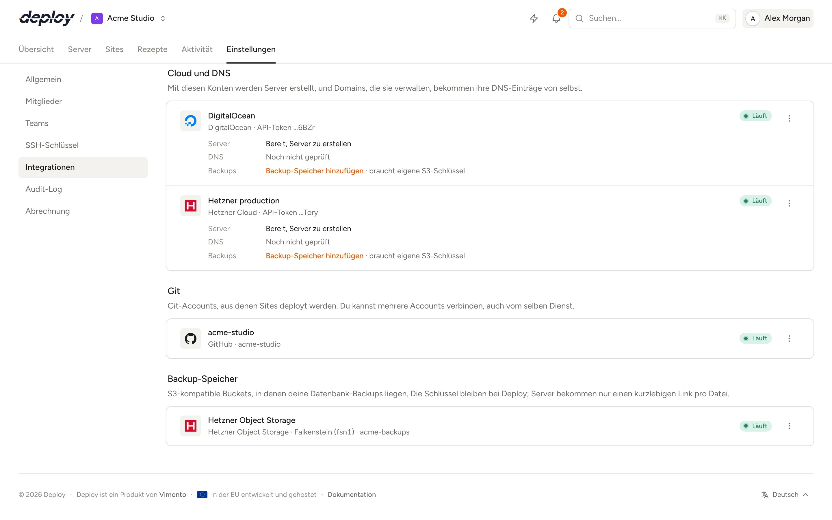 Die Integrationen-Einstellungen in Vimonto Deploy mit DigitalOcean- und Hetzner-Cloud-Konten zum Erstellen von Servern, einer GitHub-Verbindung und Hetzner Object Storage für Backups