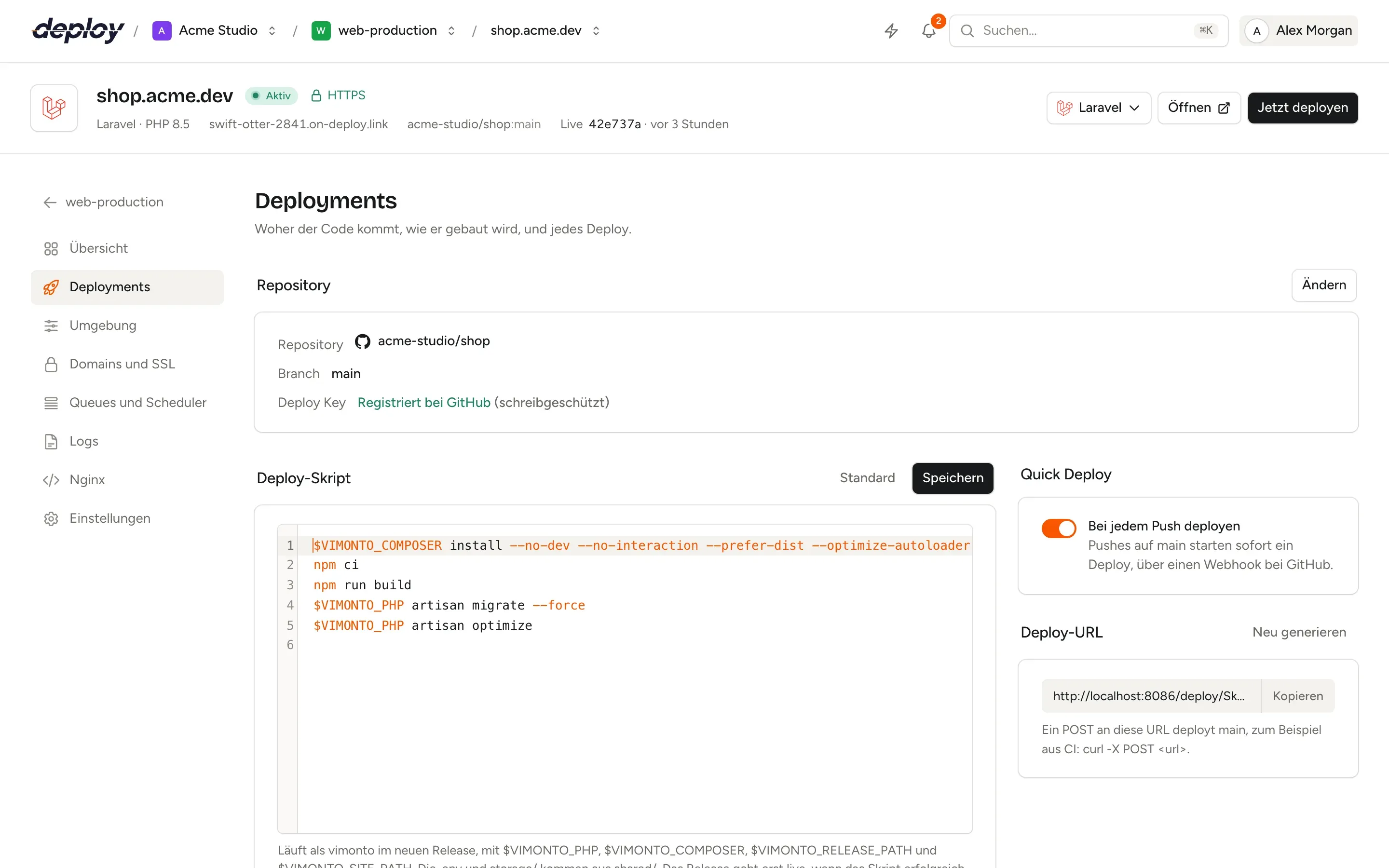 Die Seite Deployments einer Site in Vimonto Deploy mit dem Deploy-Skript, der Deploy-URL und der Liste der letzten Deploys