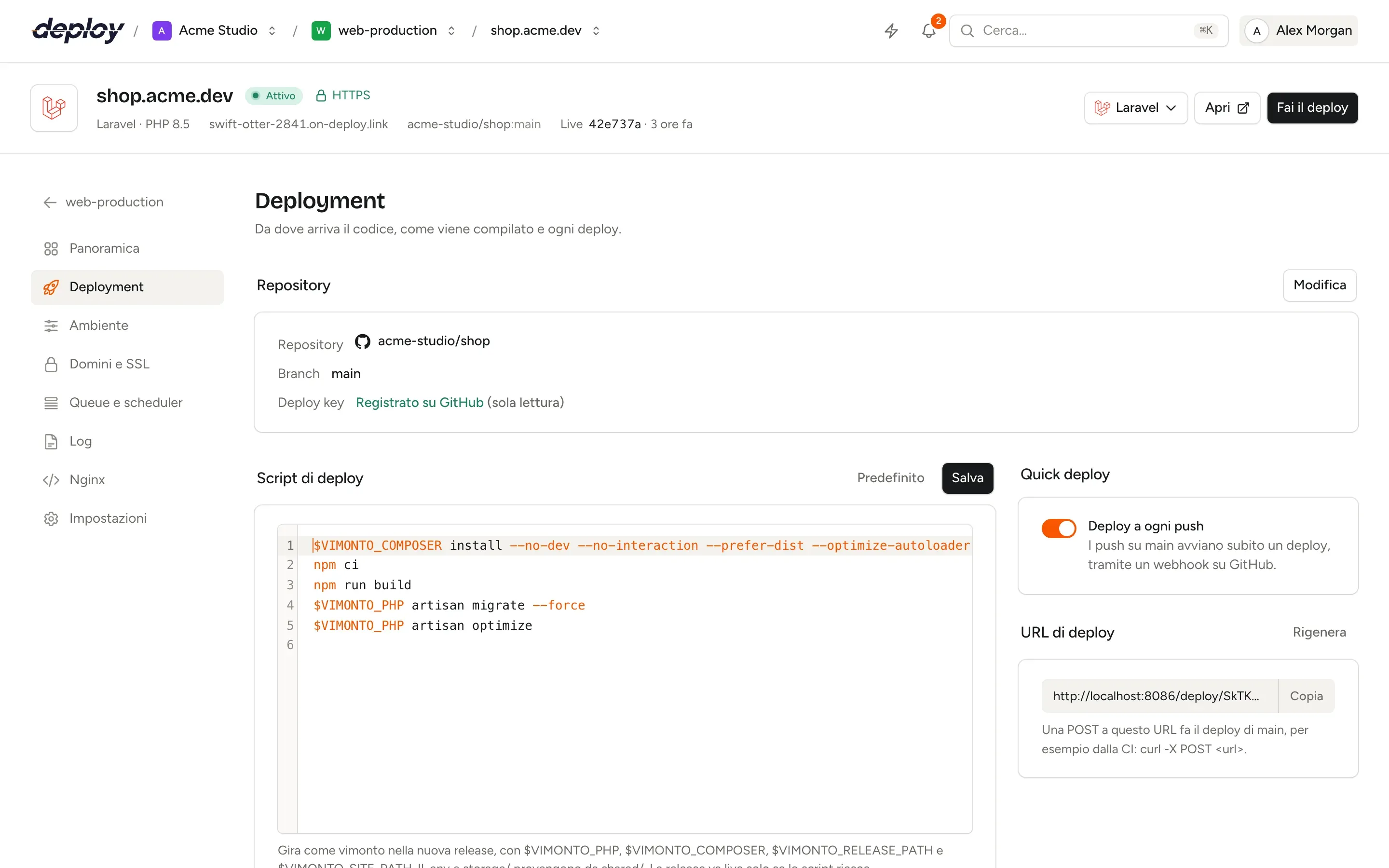 La pagina Deployment di un sito in Vimonto Deploy, con lo script di deploy, l'URL di deploy e l'elenco dei deploy recenti