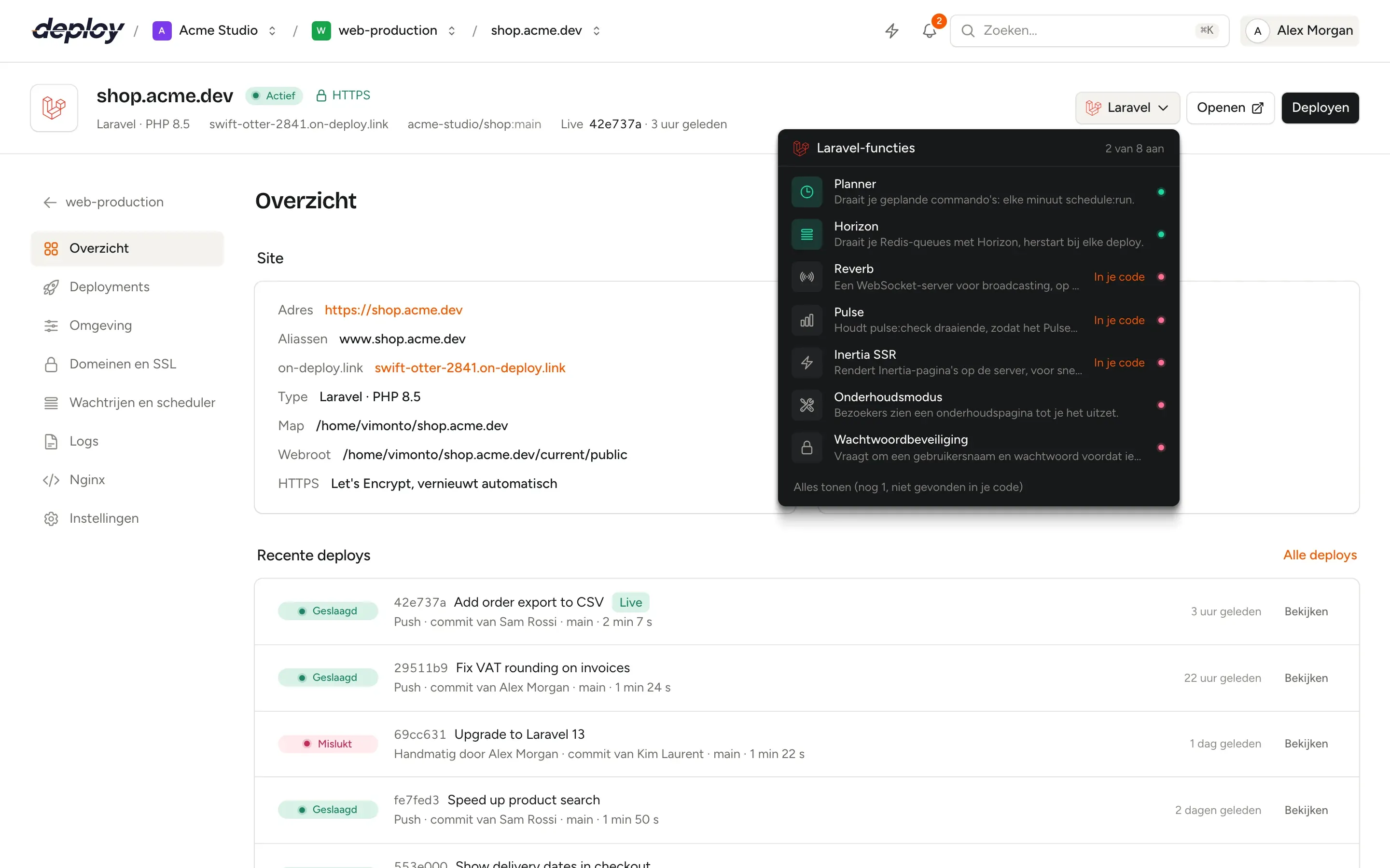 Het menu met sitefuncties in de siteheader van Vimonto Deploy, met de functies van het framework van de site en schakelaars om ze aan te zetten