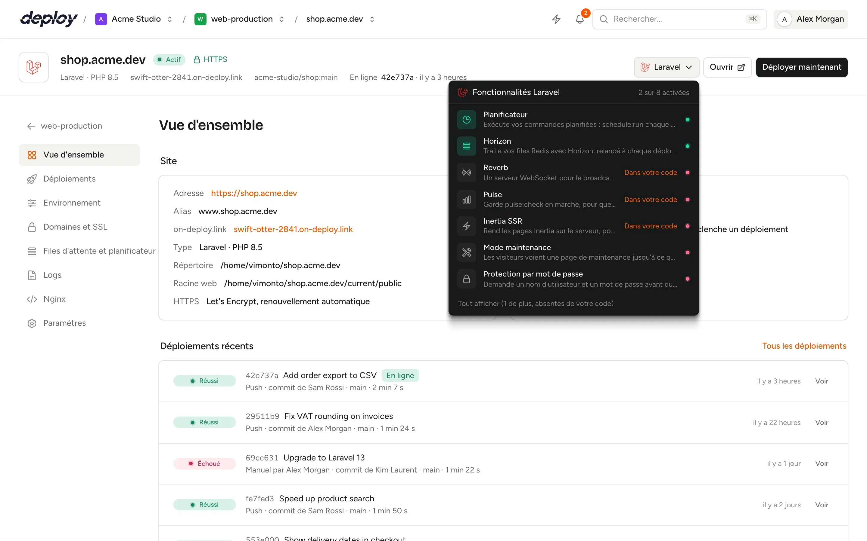 Le menu des fonctionnalités du site dans l’en-tête d’un site Vimonto Deploy, avec les fonctionnalités du framework du site et leurs interrupteurs